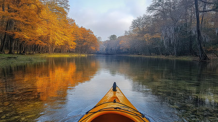 Paddling a calm river framed by vibrant orange and yellow leaves under a cloudy sky.の素材