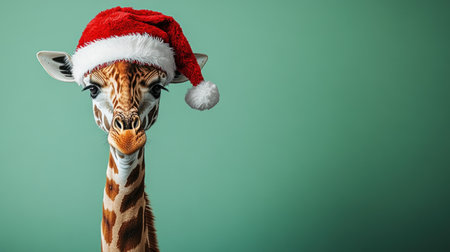A cheerful giraffe sports a bright red Santa hat, adding joy to the holiday spirit.の素材