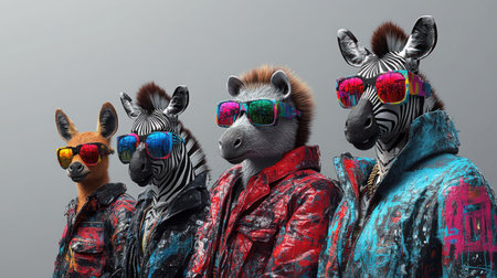 Four stylish animals, including zebras and a kangaroo, wear bold sunglasses and unique outfits.の素材