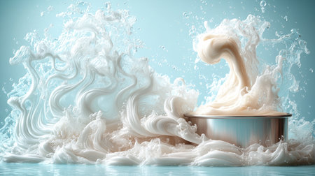 A creamy foam swirls from a stainless steel bowl, creating an artistic splash.の素材