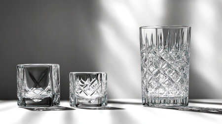Three elegant glass tumblers create enchanting shadows in the gentle sunlight.の素材