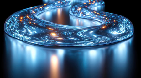 A glowing river flows through the dark, lighting up the surroundings with vibrant colors.の素材