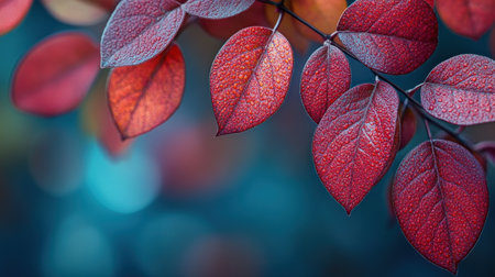 Vibrant red leaves shimmer with moisture in the soft glow of an enchanting blurred backdrop.の素材
