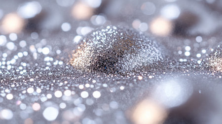 Tiny silver droplets sparkle in the light, forming a mesmerizing pattern on a smooth surface.の素材