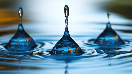 Three droplets fall, sending out elegant ripples across a serene surface reflecting nature's beauty.の素材