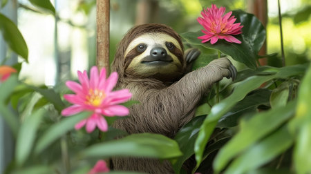 A sloth calmly embraces a leafy branch surrounded by colorful blooms, bathed in sunlight.の素材