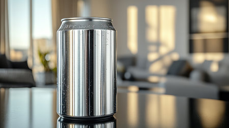A sleek, metallic can stand on a dark surface, capturing the warm glow of sunlight in a cozy room.の素材