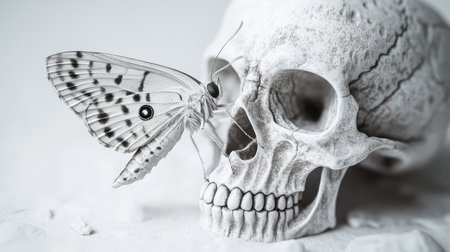 A butterfly rests on a skull, symbolizing the delicate balance of life and death.の素材