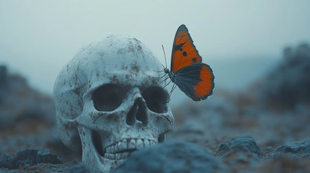 An orange butterfly peppers on a skull in foggy terrain, blending beauty with decay.の素材