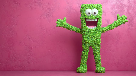 A joyful green figure composed of popcorn greets onlookers with wide-open arms and a big smile.の素材