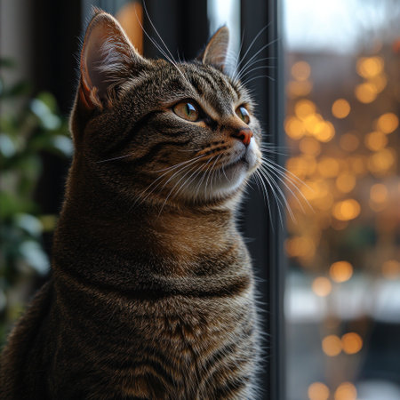 A tabby cat watches outside, mesmerized by twinkling lights during early evening.の素材