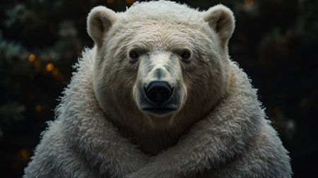 Soft fur covers a regal polar bear standing quietly in a snowy landscape.の素材