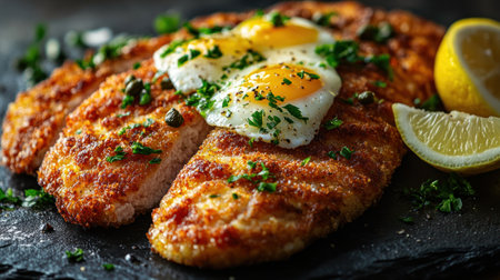 Crispy fish fillets are beautifully plated, crowned with sunny-side-up eggs and herbs.の素材