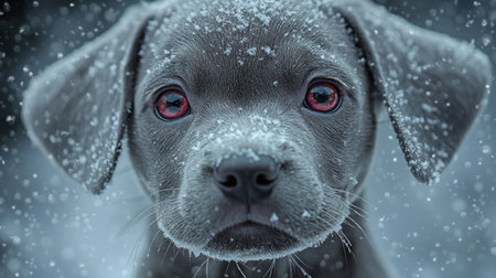 Snow falls gently around a playful puppy whose bright eyes reflect winter's beauty.の素材