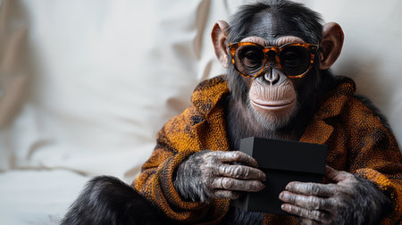 A playful monkey in cool glasses excitedly opens a gift box.の素材