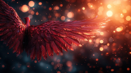 A magnificent bird displays vibrant crimson wings against enchanted sparkles.の素材