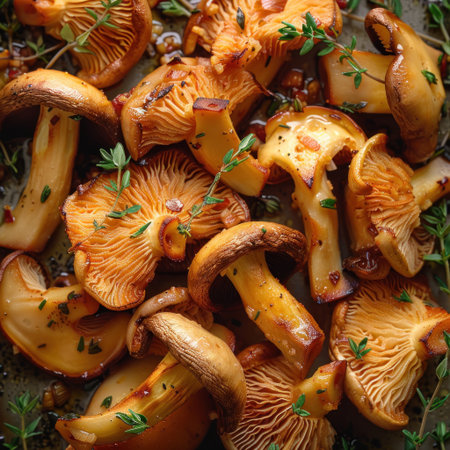Golden mushrooms glisten with herbs, showcasing a delightful culinary preparation.の素材