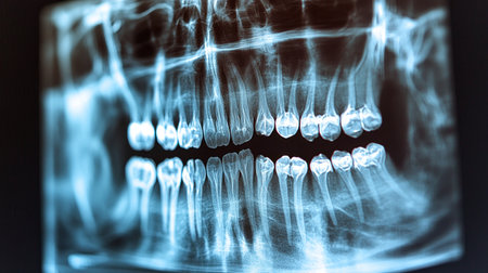 A clear x-ray reveals the complex arrangement of teeth, highlighting potential dental issues.の素材
