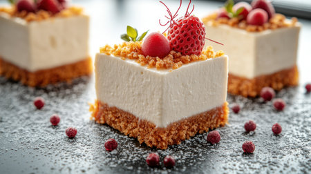 Delightful slices of a creamy dessert topped with fresh berries and a crumbly crust await tasting.の素材