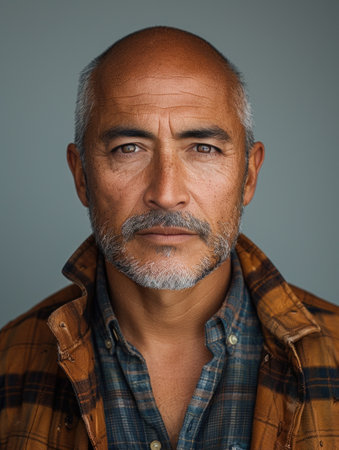 A rugged man stands confidently, showcasing deep lines of experience and wisdomの素材