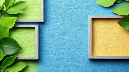 Green and yellow frames pop against bright blue, amid lush greenery.の素材
