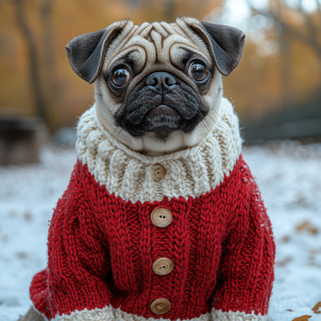 A cute pug in a red sweater sits calmly on fallen leaves this autumn.の素材