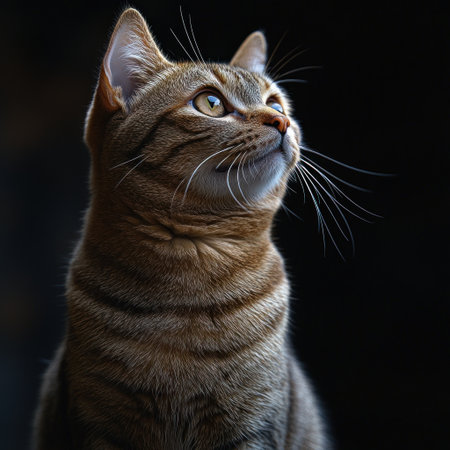 A striking tabby cat with golden eyes observes its surroundings quietly as the evening falls.の素材