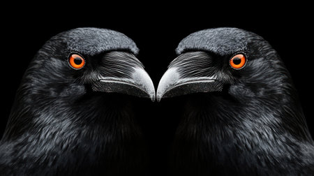 Two glossy ravens face each other, their bright eyes shining in the dark.の素材
