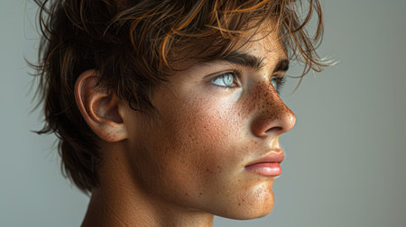 Young man gazes thoughtfully, showing his striking features and sun-kissed skin.の素材