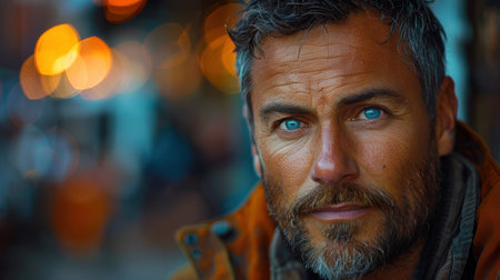 A rugged man with striking blue eyes stars at the camera in a busy city.の素材