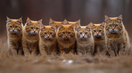 A lively gathering of ginger cats strolls together across a field at sunset.の素材