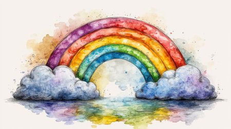A vibrant rainbow stretches across the sky, reflecting beautifully on calm waters belowの素材