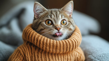 Cat with big eyes and a playful expression enjoys a snug sweater in a warm setting.の素材