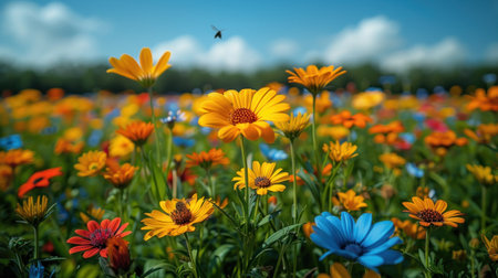 A stunning display of colorful wildflowers blooming abundantly in a sunny field.の素材