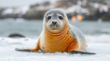 A curious seal lies on ice, watching the sparkling water in a winter setting.の素材