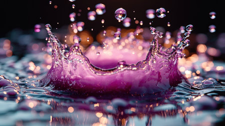 Colorful splashes of water form intricate patterns while reflecting golden light.の素材