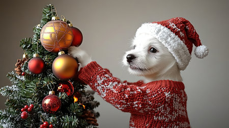 A playful puppy in a cozy sweater adds colorful ornaments to a beautifully decorated tree.の素材