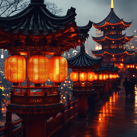 Soft glow of lanterns guides visitors along a historic path near a stunning pagoda.の素材