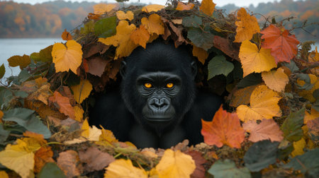 A wise gorilla observes from a vibrant pile of autumn leaves.の素材