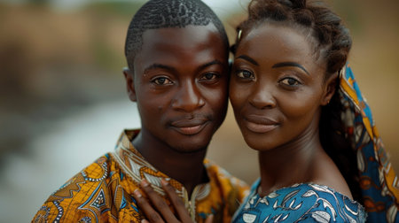 Two people embrace warmly, showcasing their love in traditional clothing near a river.の素材