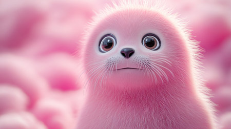 A cute pink seal pup looks around curiously in a whimsical pastel cloud environment.の素材