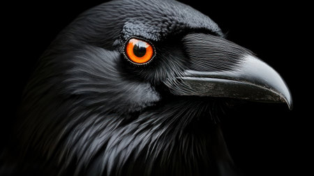 A striking raven, its intense orange eyes shining, captivates the twilight moment.の素材