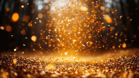 Glistening golden particles dance softly through the air in a tranquil forest setting.の素材