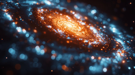 Bright orange and blue stars sparkle in a mesmerizing galaxy of swirling patterns.の素材