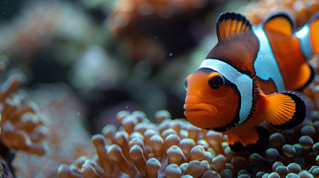 Clownfish explore coral reefs, displaying their vibrant colors and curiosity.の素材