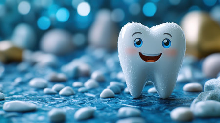 A cheerful tooth character stands on shiny stones against a bright blue backdrop.の素材