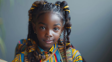 A young girl with braided hair smiles warmly indoors, radiating joy and confidence.の素材