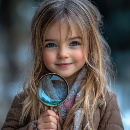 A joyful child with long hair enjoys examining her surroundings while bundled up warmly.の素材
