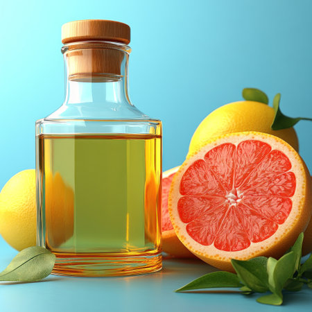 A display of oranges, grapefruits, and oil showcases nature's bounty.の素材