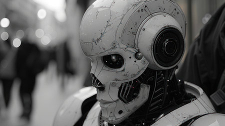 A humanoid robot stands still in crowded streets, blending tech and artistry.の素材